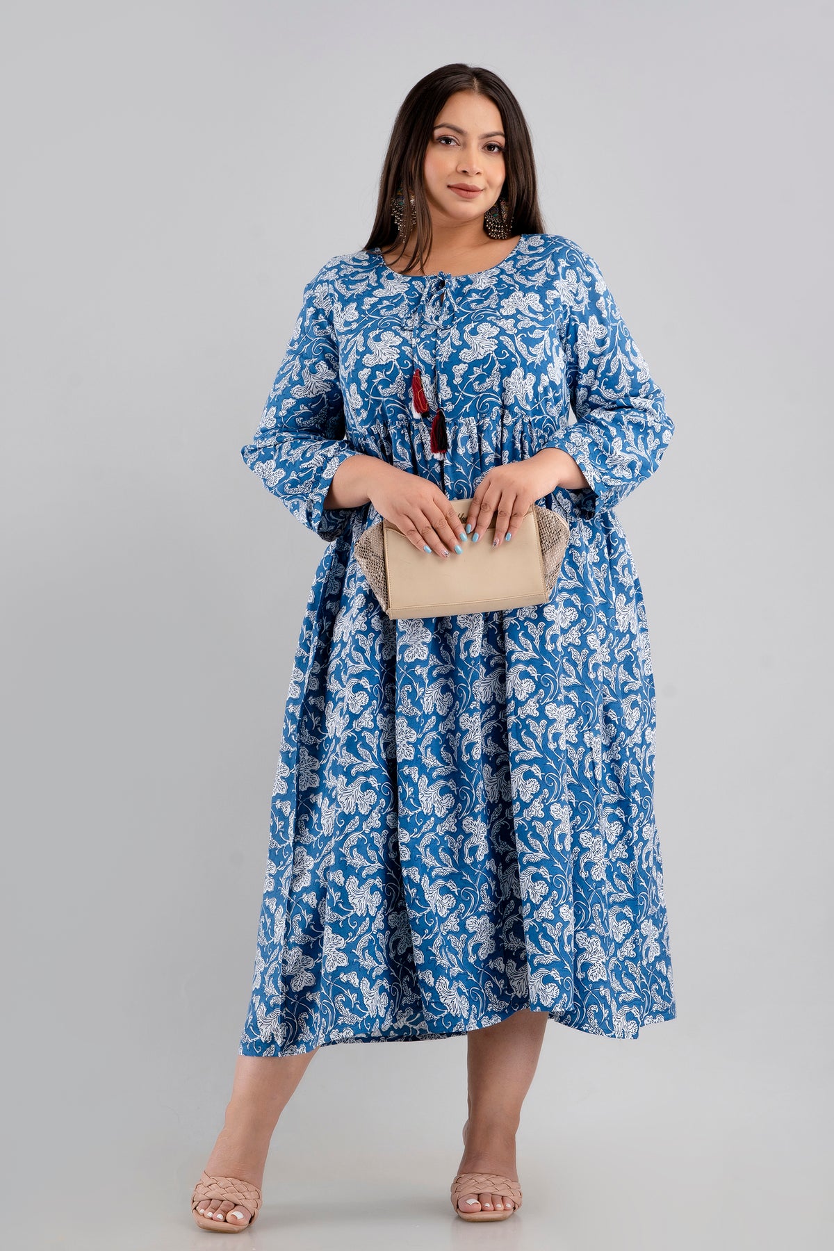 Plus Size Blue Floral Rayon Flared Dress Side Angle Fat Women Clothing