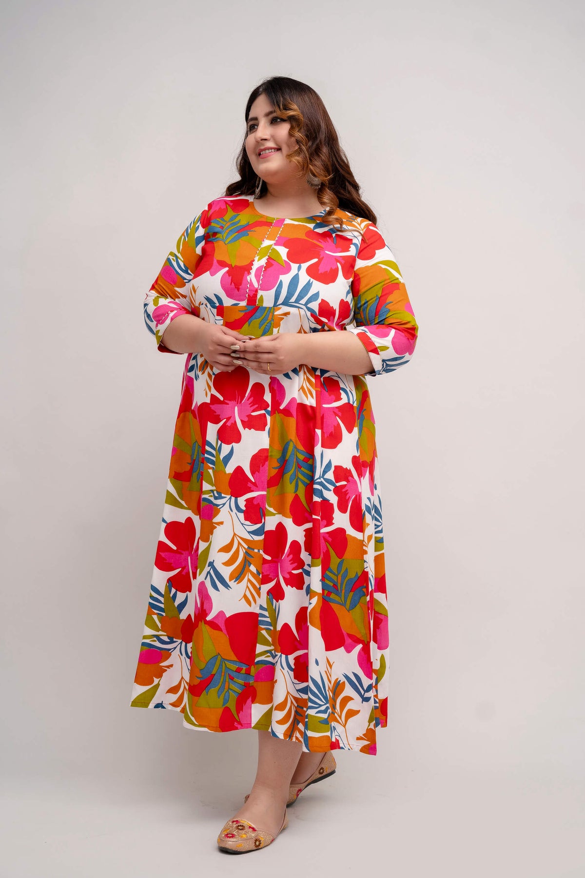Side view of bright floral rayon plus size gown, comfy summer dress for curvy women, breathable fabric for fat size fashion