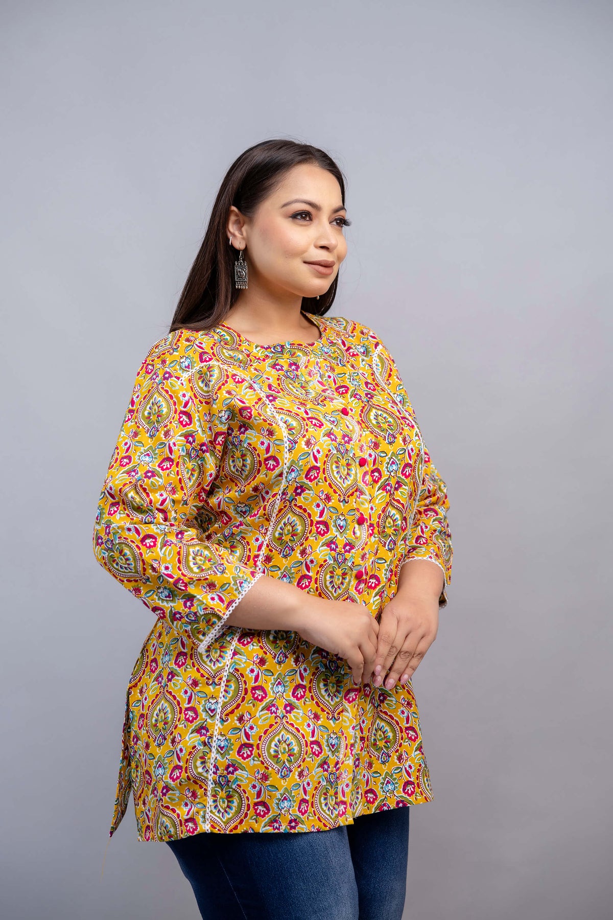Side View of Mustard Yellow and Pink Paisley Print Rayon Short Kurti Tunic – Fat-Friendly Fashion for Women