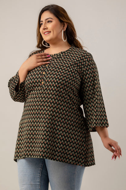 Elegant Black Printed Rayon Short Kurti and Tunic for Plus Size Women – Casual Style