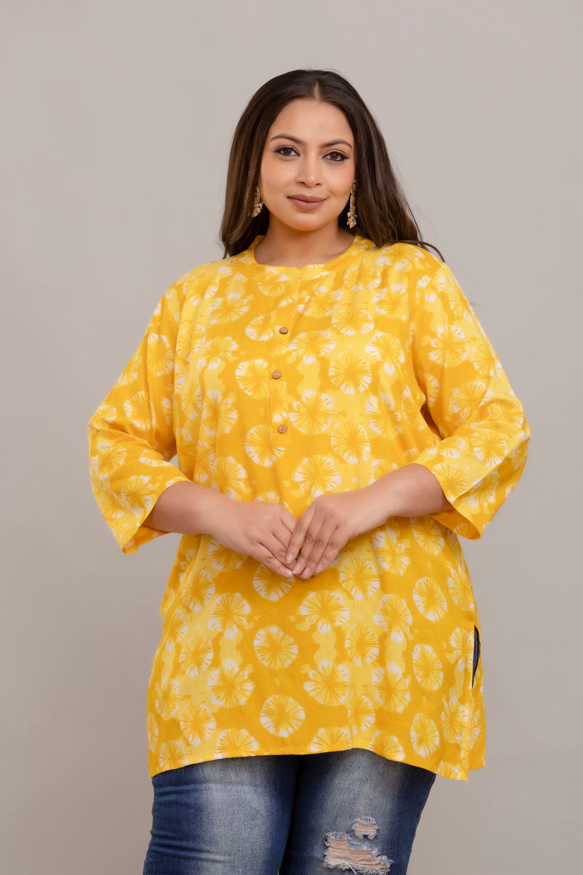 Plus Size Yellow Printed Rayon Short Kurti Tunic – Curvisha