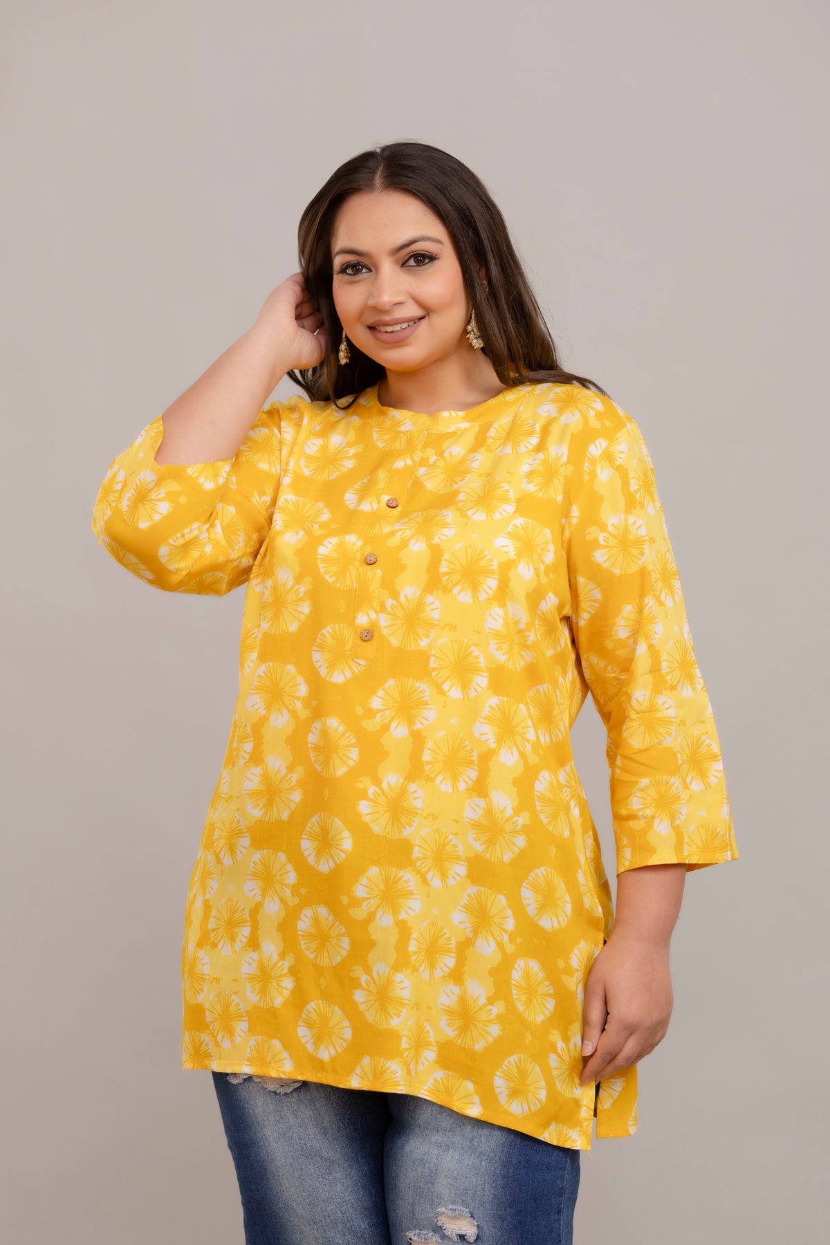 Plus Size Yellow Printed Rayon Short Kurti Tunic – Curvisha