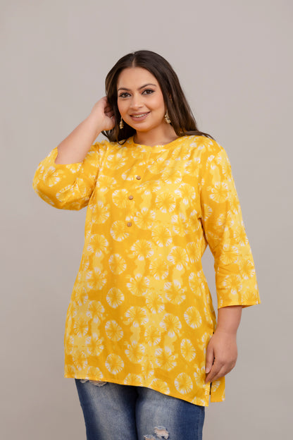 Plus Size Yellow Printed Rayon Short Kurti Tunic – Curvisha