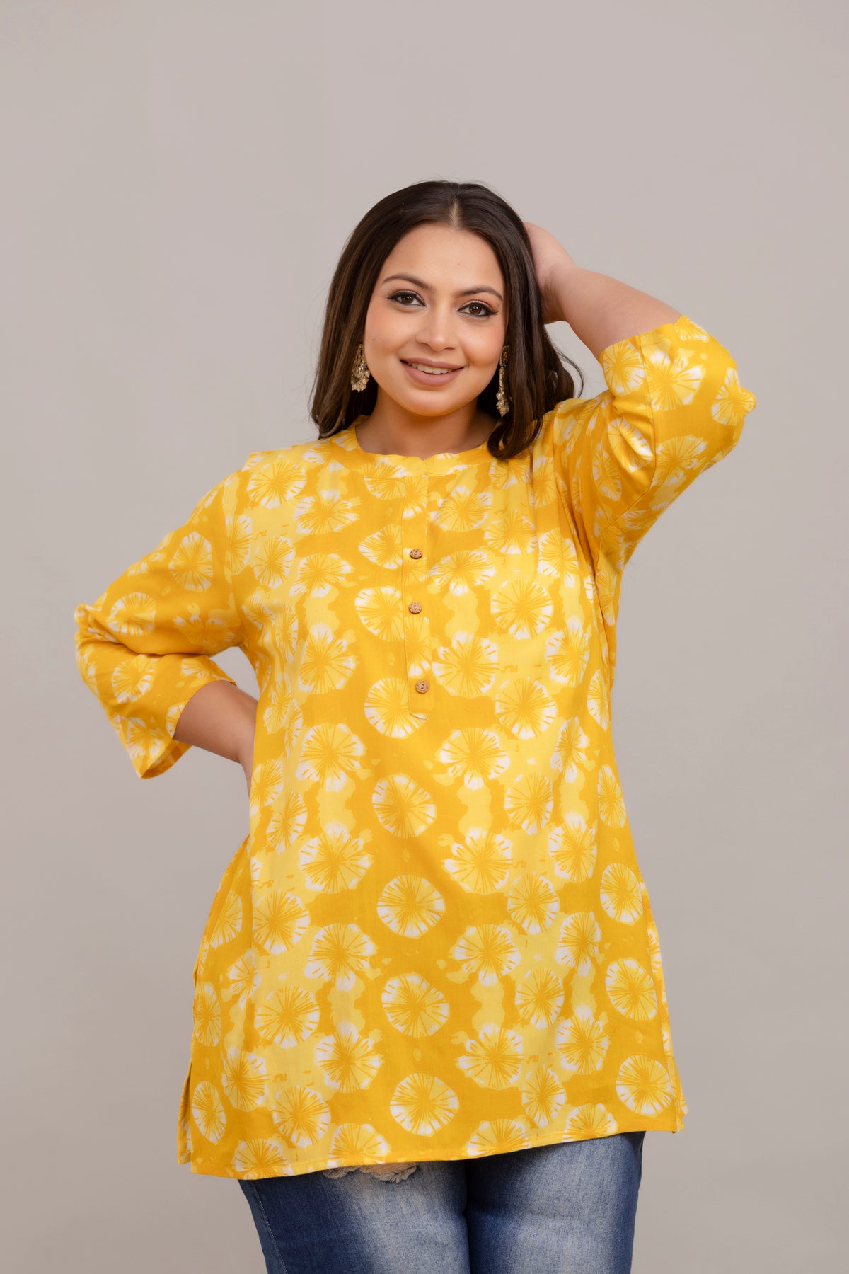 Plus Size Yellow Printed Rayon Short Kurti Tunic – Curvisha