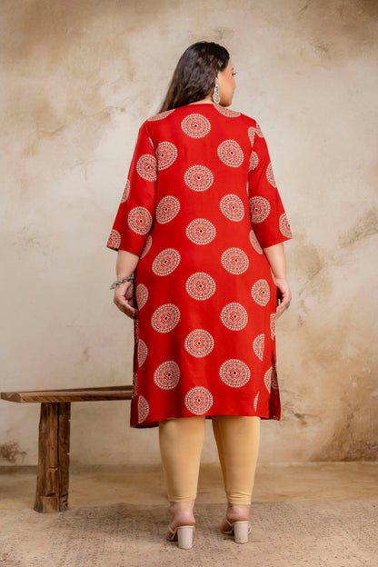 Plus Size Geometric Red Rayon Kurti – Curvisha