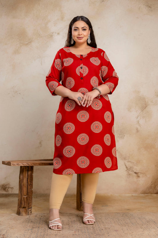 Plus Size Geometric Red Rayon Kurti – Curvisha