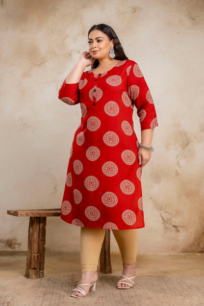 Plus Size Geometric Red Rayon Kurti – Curvisha