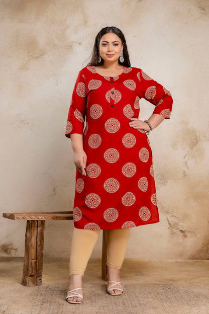 Plus Size Geometric Red Rayon Kurti – Curvisha