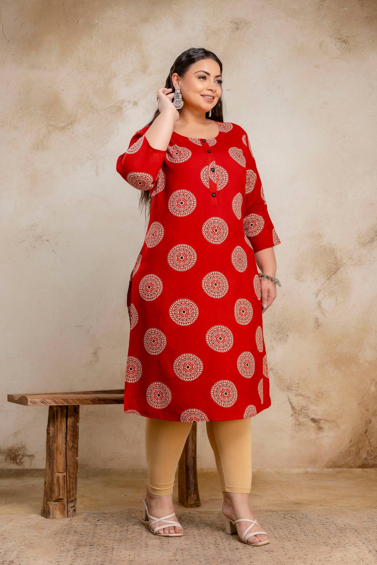 Plus Size Geometric Red Rayon Kurti – Curvisha