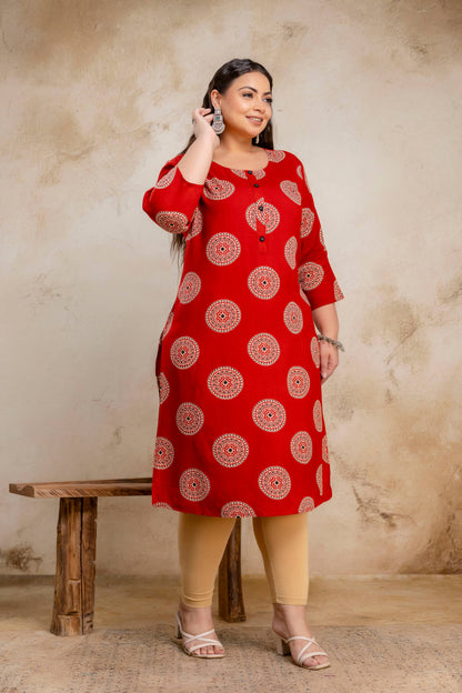 Plus Size Geometric Red Rayon Kurti – Curvisha