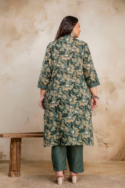 Plus SizeGreen Floral Cotton Kurti Pant Dupatta Set | Curvisha