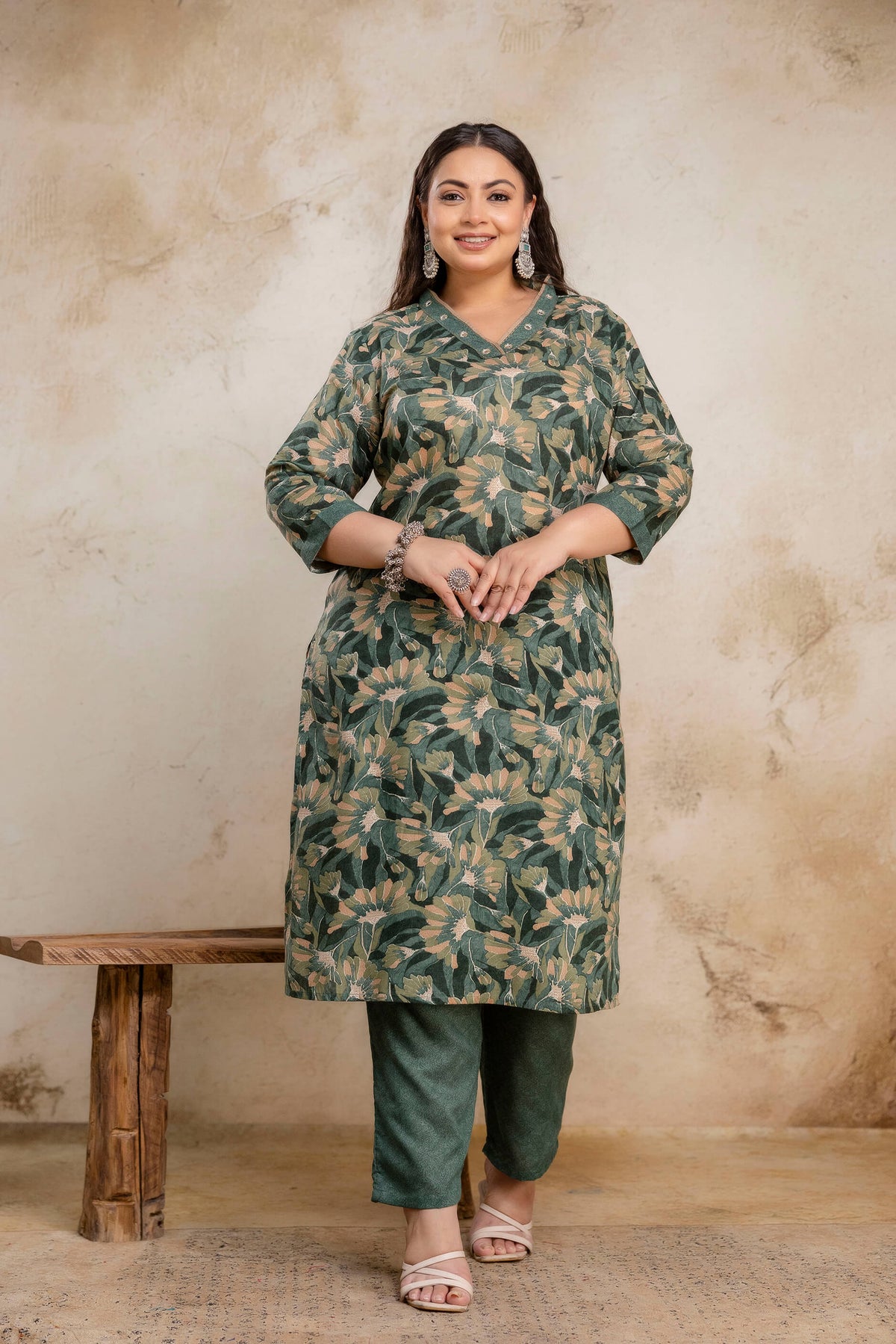 Plus SizeGreen Floral Cotton Kurti Pant Dupatta Set | Curvisha