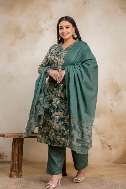 Plus SizeGreen Floral Cotton Kurti Pant Dupatta Set | Curvisha