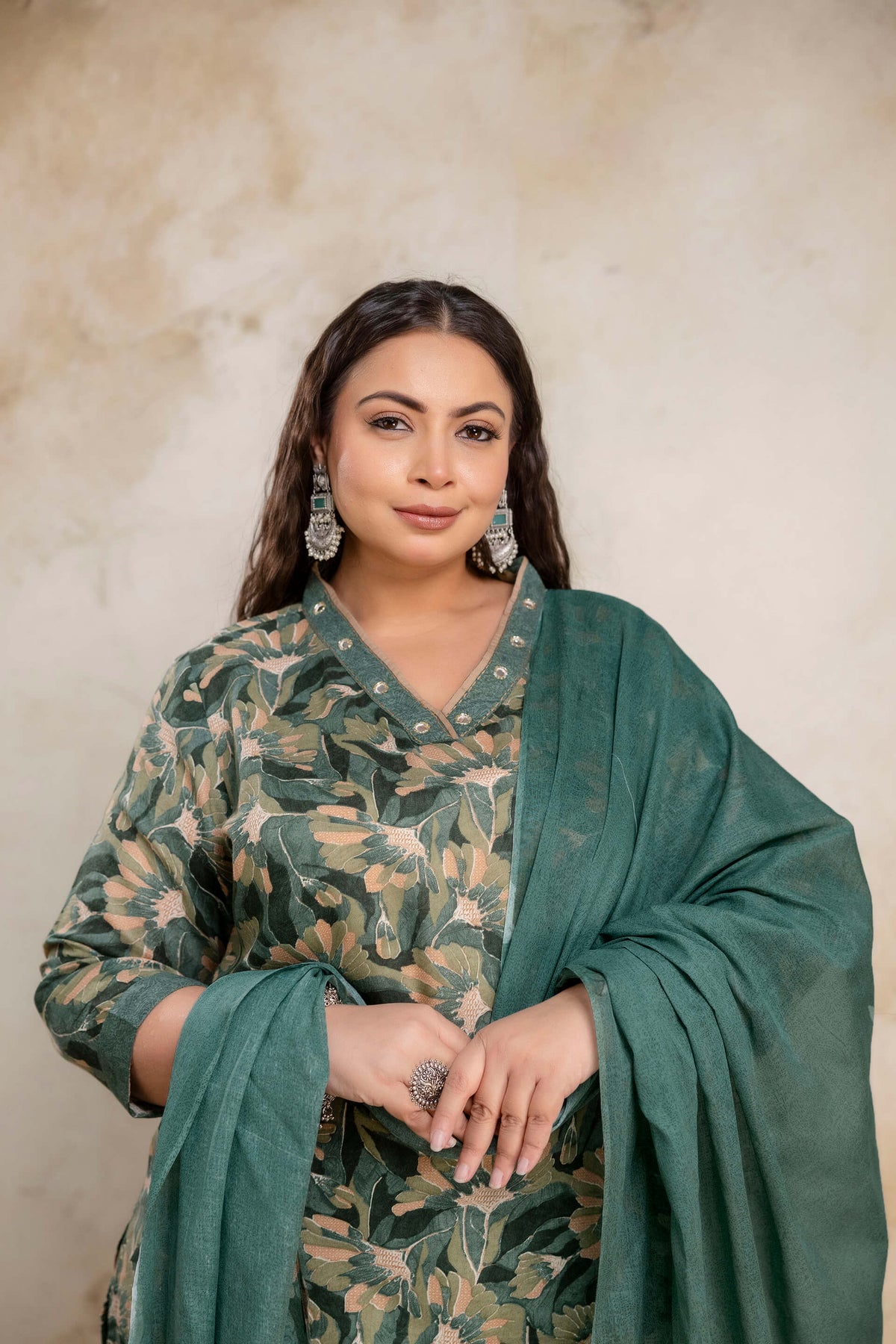 Plus SizeGreen Floral Cotton Kurti Pant Dupatta Set | Curvisha