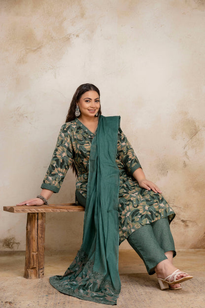 Plus SizeGreen Floral Cotton Kurti Pant Dupatta Set | Curvisha
