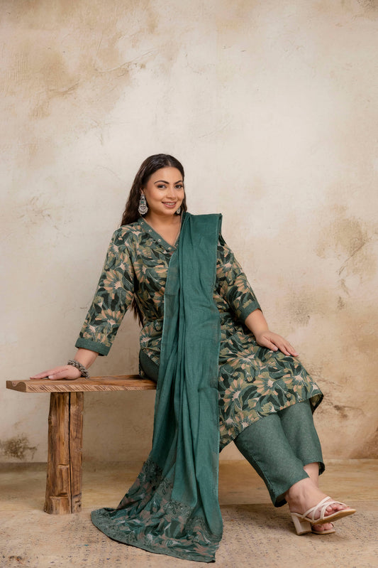 Plus SizeGreen Floral Cotton Kurti Pant Dupatta Set | Curvisha