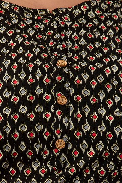 Close-up of Wooden Buttons and Geometric Print on Black Rayon Short Kurti and Tunic
