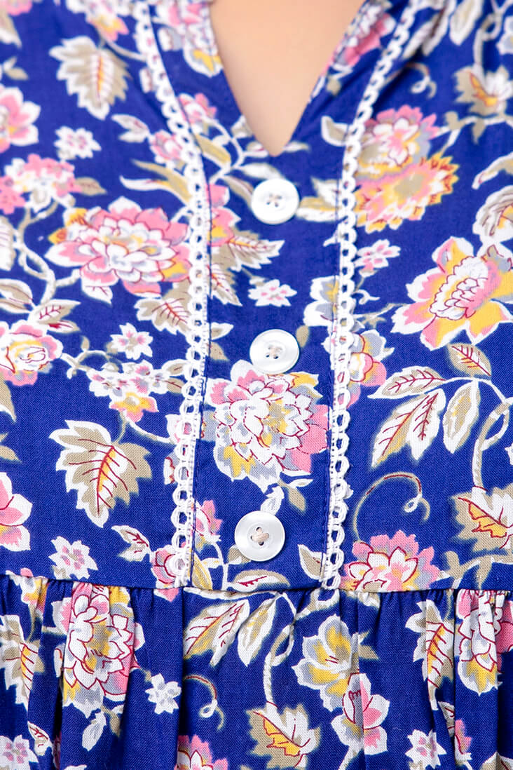 Closeup of Buttons on Blue Floral Rayon Plus Size Short Kurti Tunic – Curvy Women Big Size Clothing