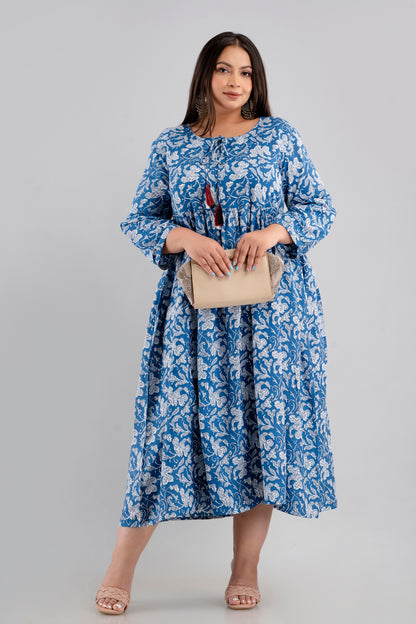 Plus Size Blue Floral Rayon Flared Dress Side Angle Fat Women Clothing