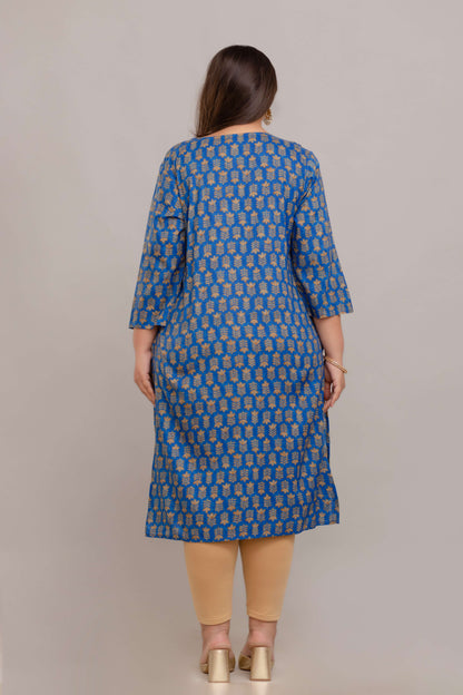 Back view blue gold-print rayon kurti; breathable plus size outfit for full figure 3XL–9XL