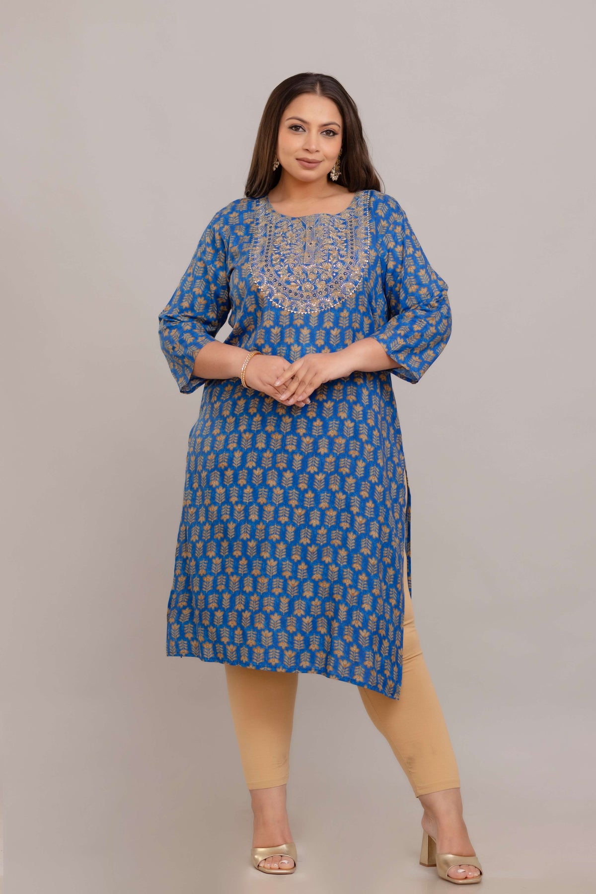 Front view blue rayon printed kurti with sequin yoke; comfy plus size big size 3XL–9XL, fat-friendly Curvisha