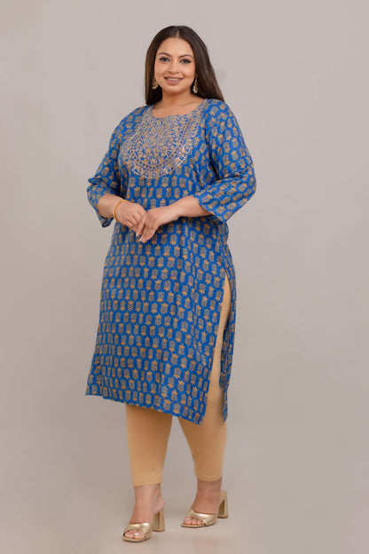 Side view showing side slit and relaxed fit; blue rayon big size kurti for curvy/fat women