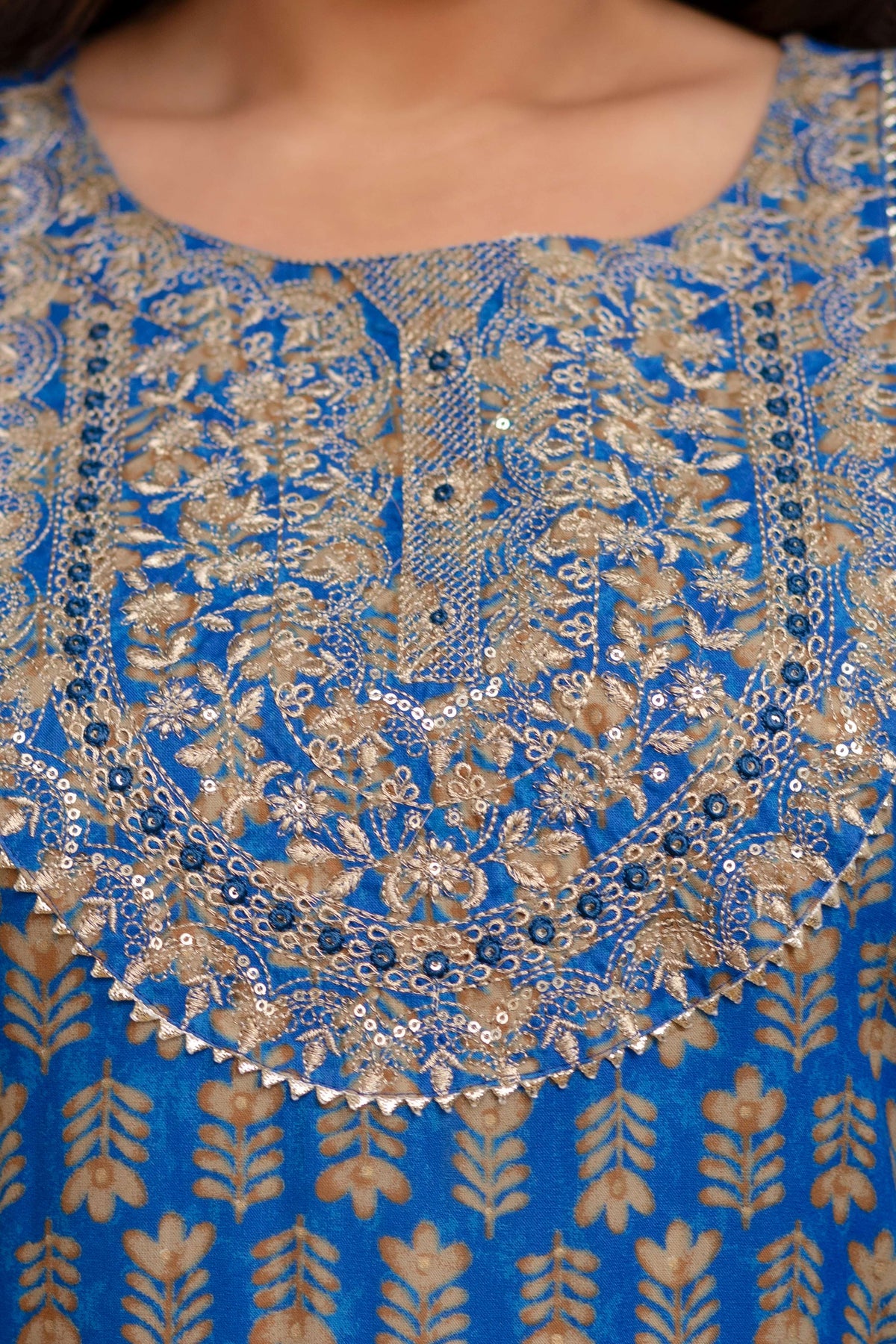 Close-up of ornate sequin yoke on blue rayon kurti; festive detail for plus size fat women clothing