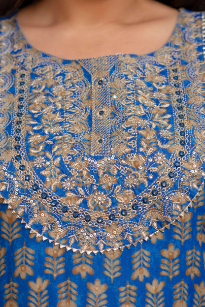 Close-up of ornate sequin yoke on blue rayon kurti; festive detail for plus size fat women clothing