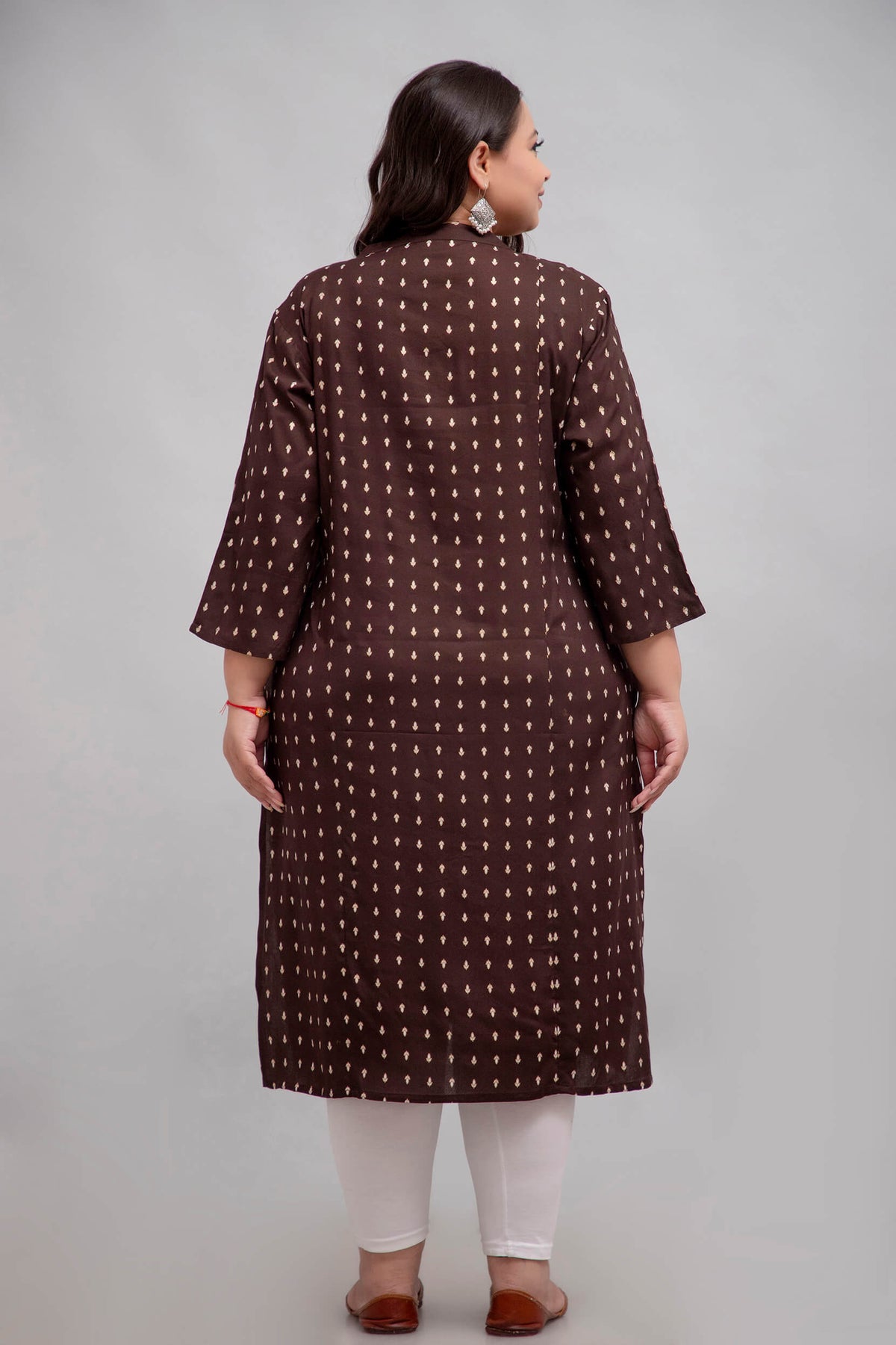 Back view brown printed rayon kurti; breathable plus size/big size outfit 3XL–10XL for curvy women