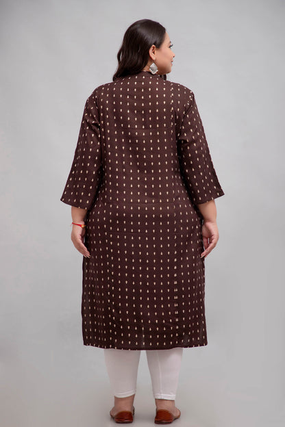 Back view brown printed rayon kurti; breathable plus size/big size outfit 3XL–10XL for curvy women