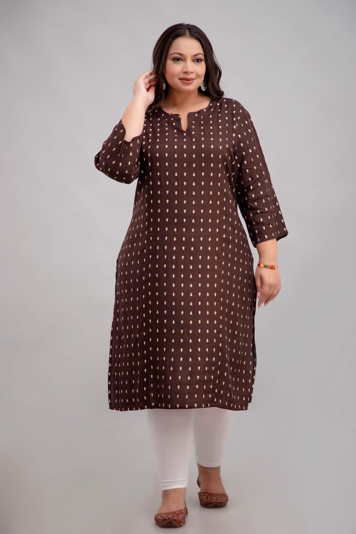 Front view brown rayon plus size kurti with notch neck; comfy big size everyday ethnic wear by Curvisha