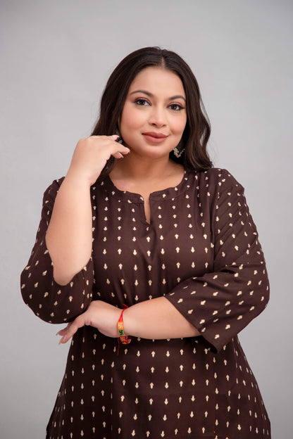 Half view highlighting notch neckline and micro motifs; soft rayon plus size brown kurti Curvisha