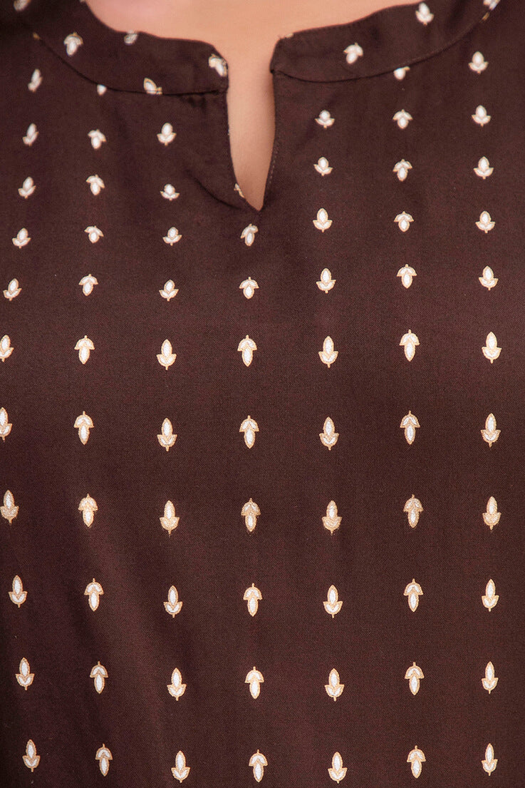 Close-up of notch neck and tiny motifs on brown rayon kurti; festive detail for plus size/fat women