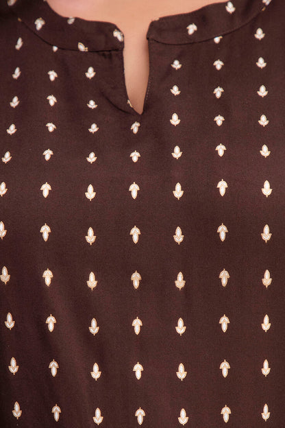 Close-up of notch neck and tiny motifs on brown rayon kurti; festive detail for plus size/fat women