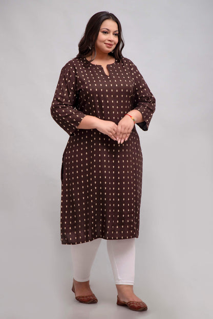 Close portrait of model wearing brown rayon kurti; elegant big size fit for curvy women