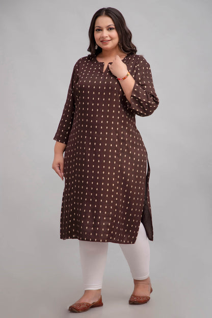 Side view showing relaxed fit and side slit; rayon brown printed kurti for curvy/fat-friendly shapes