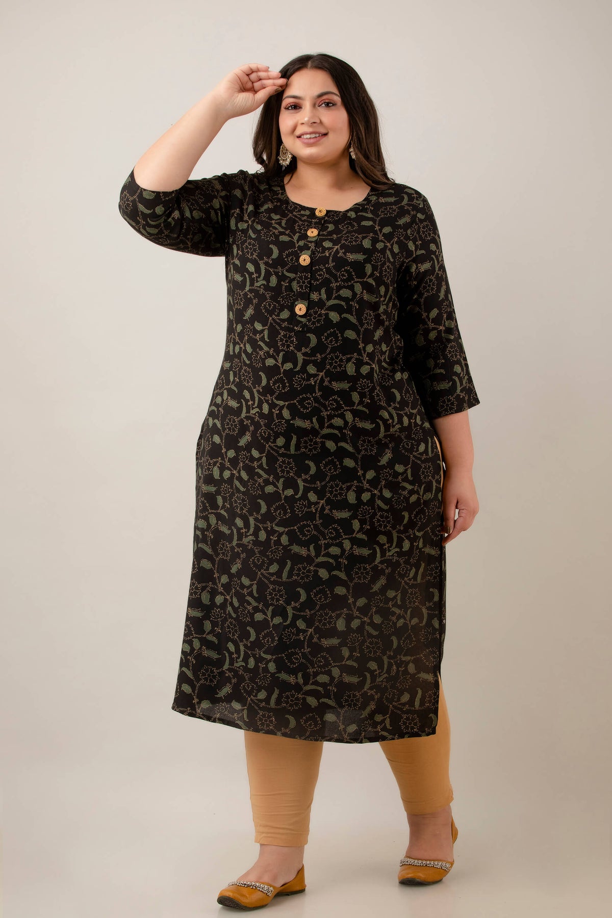 Side profile showing straight fit and side slit on plus size rayon kurti; comfortable big-size clothing