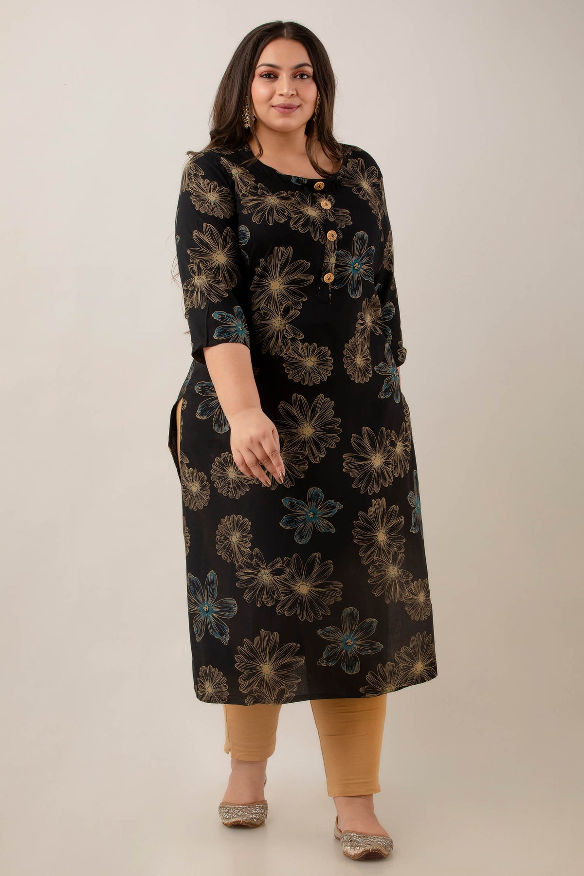 Straight-fit side profile showing side slit on plus size rayon kurti; comfortable big-size clothing