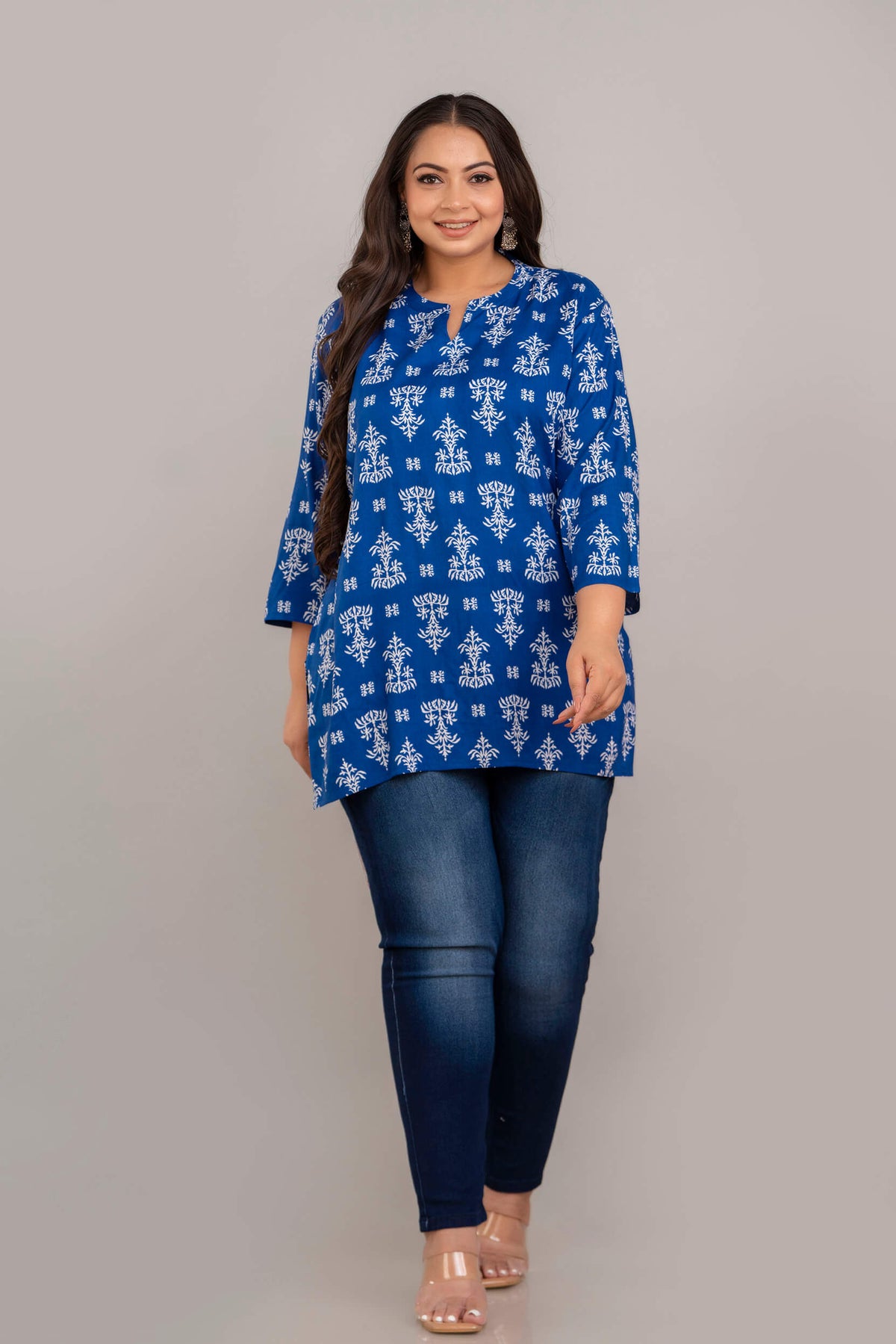 Full Body View of Plus Size Blue White Rayon Short Kurti Tunic for Curvy and Full-Figure Women – Curvisha