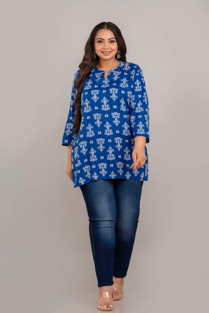 Full Body View of Plus Size Blue White Rayon Short Kurti Tunic for Curvy and Full-Figure Women – Curvisha