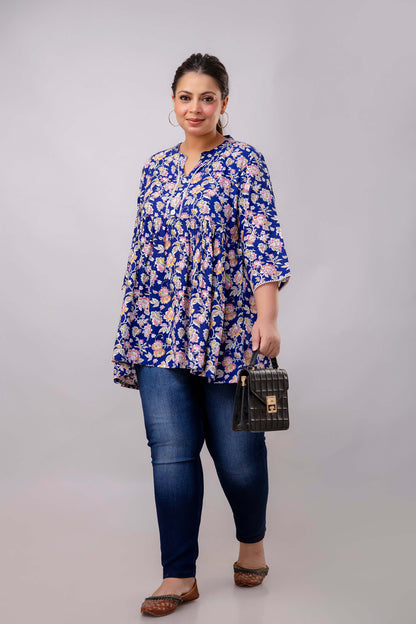 Full Body View of Plus Size Blue Floral Rayon Short Kurti Tunic for Curvy and Full-Figure Women – Curvisha