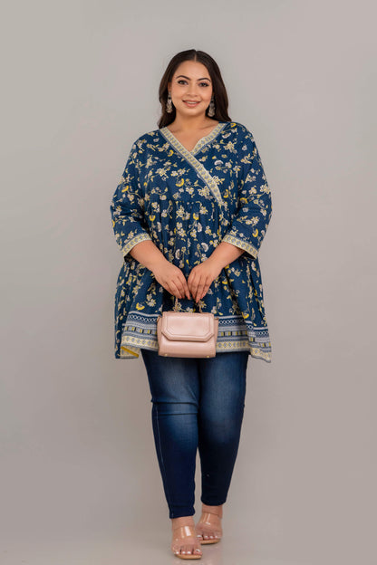 Plus Size Blue Floral Rayon Short Kurti Tunic Styled with Bag – Big Size Outfit for Fat Women