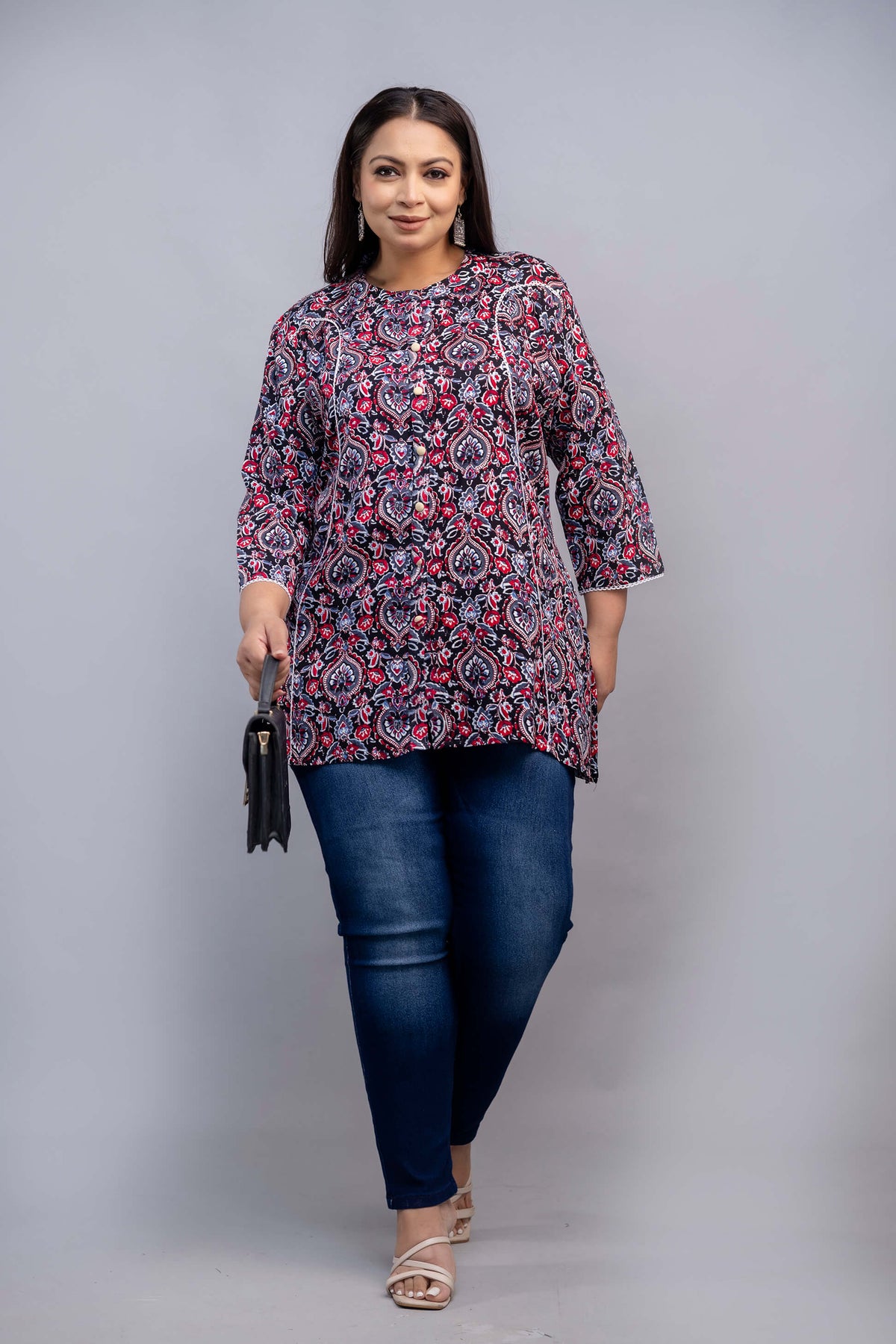 Plus Size Dark Blue and Red Rayon Short Kurti Tunic Styled with Bag – Big Size Outfit for Fat Women