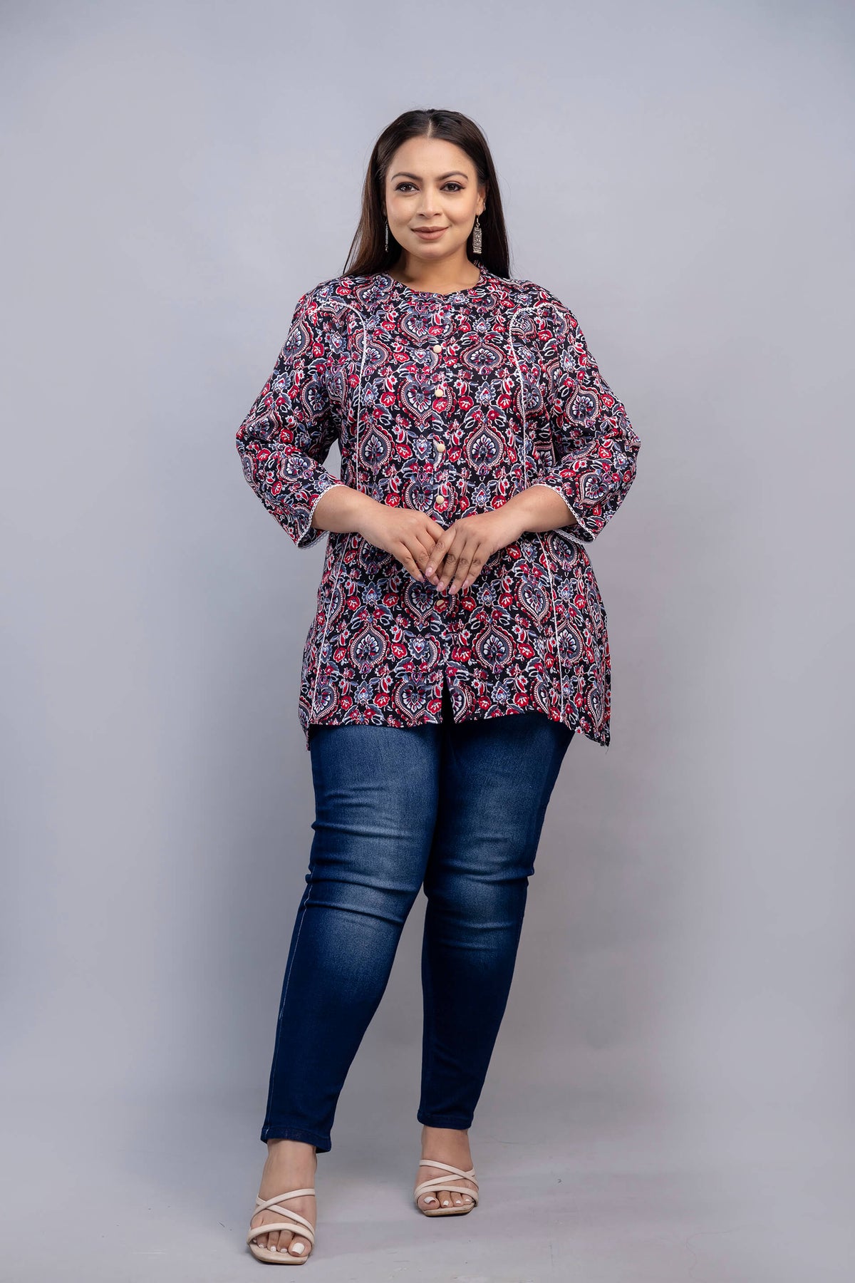 Full Look of Plus Size Dark Blue and Red Rayon Short Kurti Tunic for Curvy and Full-Figure Women