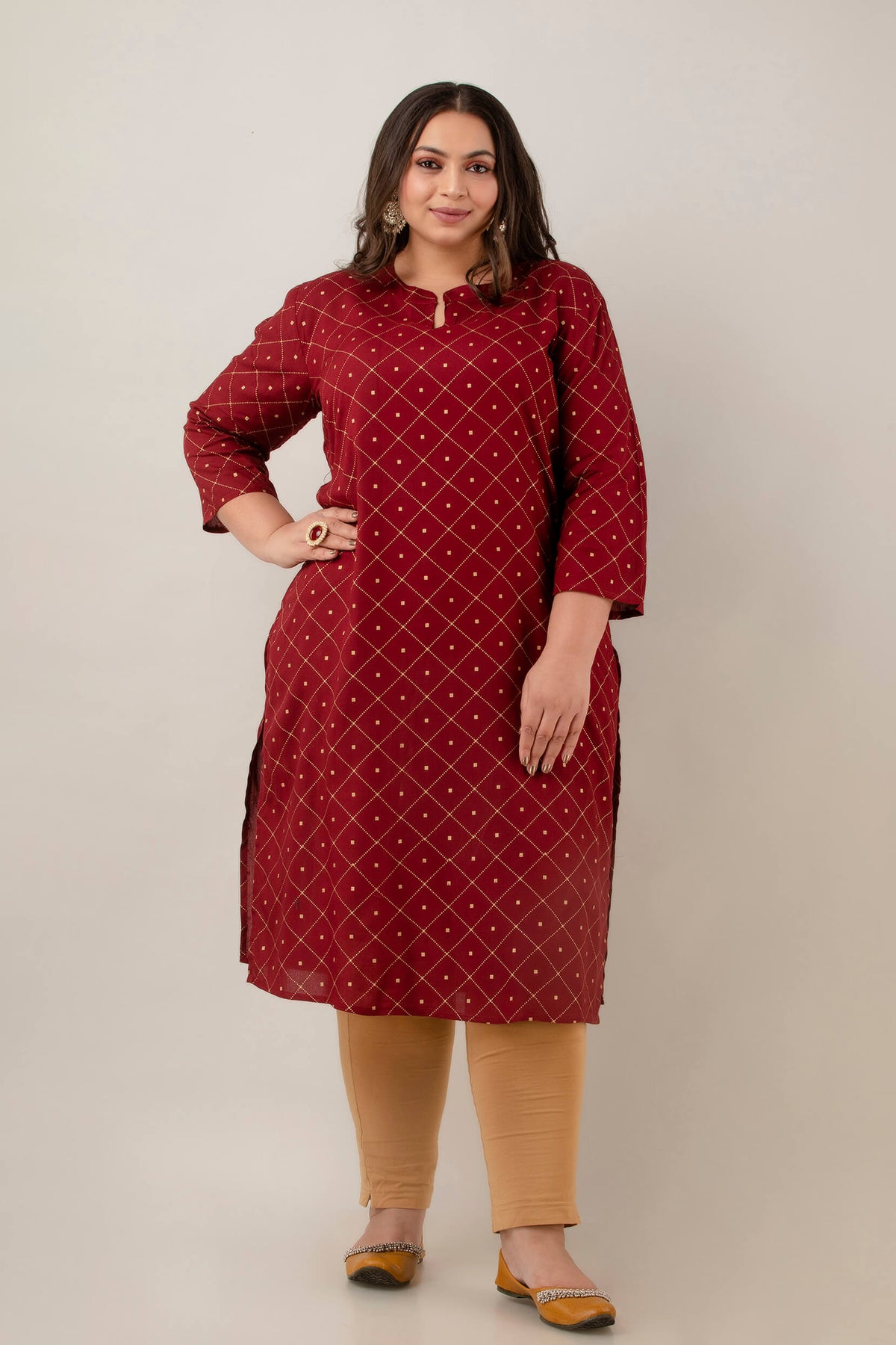 Full length kurti in maroon rayon with easy straight silhouette; comfortable drape and movement; polished daily wear.