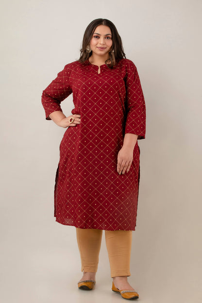 Full length kurti in maroon rayon with easy straight silhouette; comfortable drape and movement; polished daily wear.