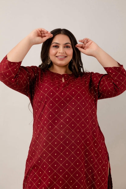 Mid closeup showing neckline and sleeves; smooth lightweight rayon; versatile ethnic essential in maroon.