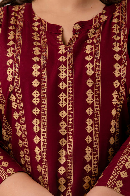 Close-up of round notch neckline on maroon rayon kurti, comfortable everyday workwear