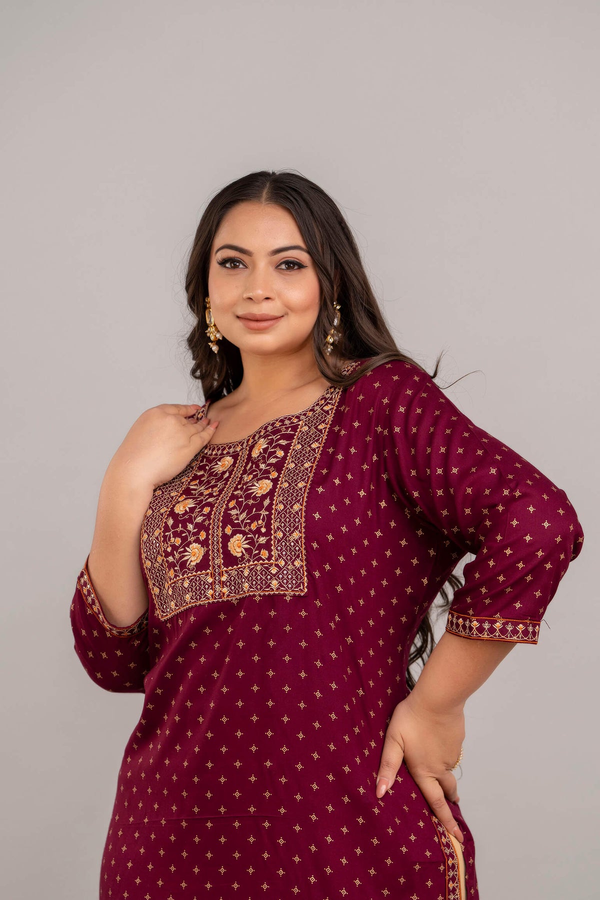 Sleeve cuff border and neckline detail on maroon rayon plus size kurti, big size outfits