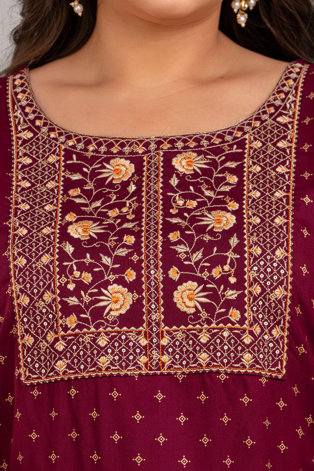Close-up of floral embroidered yoke on maroon rayon kurti for full figure women